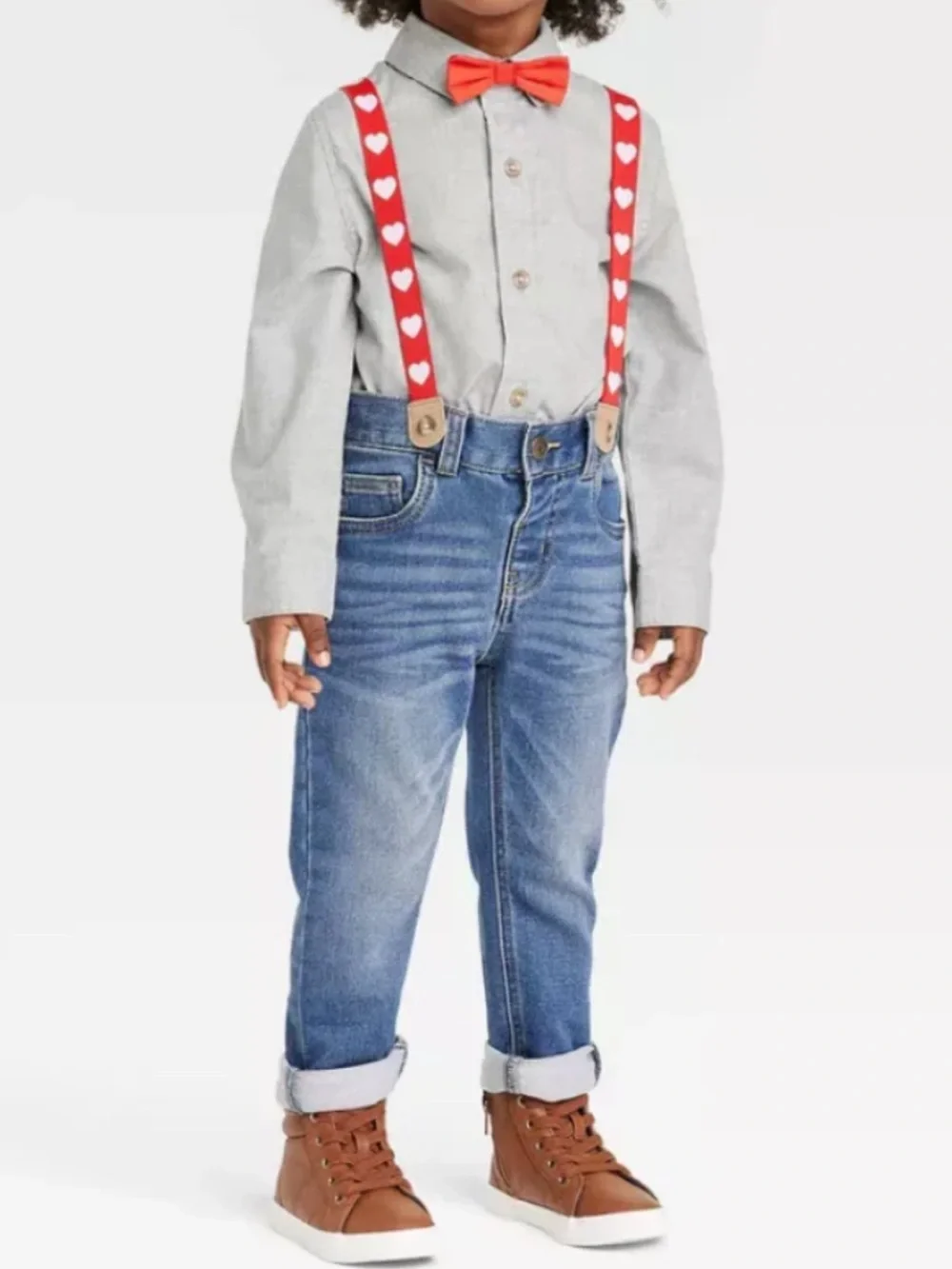 Cat & Jack Toddler Boys Heart Suspender Gray Valentines outfit